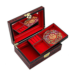 Boîte à bijoux originale rouge Boîte rouge ouverte présentant miroir et plateau amovible