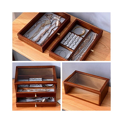 Collage de 3 photos détaillant la boîte en bois avec tiroirs