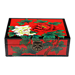 Dessus de la boîte : 2 fleurs de pivoine (blanche & rouge) sont peintes sur un fond rouge