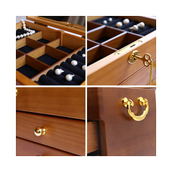 collage de 4 photos détaillant les tiroirs et la serrure de la boîte à bijoux en bois brut