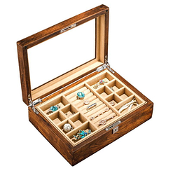 Vue de 3/4 de la boîte à bijoux en bois transparente (ouverte avec bijoux)