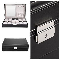 Collage de 3 photos détaillant la boîte à bijoux en cuir 8 montres et miroir (vues de face et fermoir)