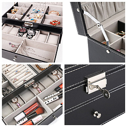 Collage de 4 photos détaillant la boîte à bijoux en cuir pour montres à tiroir (fermoir, compartiments et charnière)