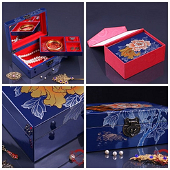 Collage de 4 photos de détails de la boîte à bijoux originale bleue '2 pivoines' présentée ouverte, avec plateau supérieur déposé et bijoux
