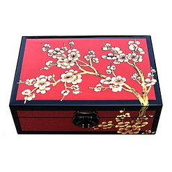 Dessus de la boîte représentant les fleurs blanches d'un cerisier sur fond rouge avec arêtes noires
