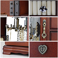 Collage de 6 photos présentant des détails de la grande boîte à bijoux avec vitre et tiroirs (charnière, poignées, pied...)