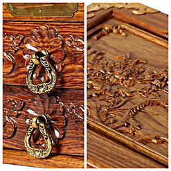 Détails de la boîte à bijoux en bois massif (poignées et couvercle sculpté)