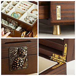 Détails de la boîte à bijoux en bois sculpté (charnière, pied, compartiments et motif sculpté)