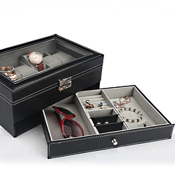 Vue de la boîte à bijoux en cuir 'joyaux et montres' avec bijoux et tiroir inférieur sorti