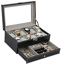 Vue de 3/4 de la boîte à bijoux en cuir 'joyaux et montres', ouverte avec bijoux