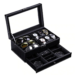 Vue de 3/4 de la boîte à bijoux en cuir pour lunettes et montres (ouverte)