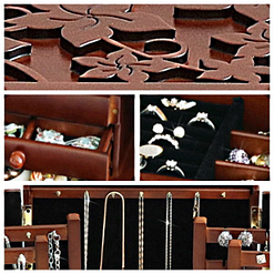Détails de la grande boîte à bijoux à compartiments (gravures, intérieur...)