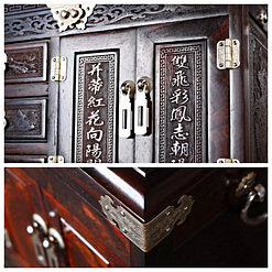 Collage de 2 photos détaillant la grande boîte à bijoux en bois artisanale