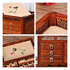 Collage de 4 photos présentant la grande boîte à bijoux en bois originale (extérieur et compartiments)