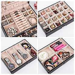 Collage de 4 photos présentant des détails de la boîte à bijoux en cuir à 3 tiroirs (compartiments)