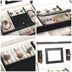 Collage de 4 photos présentant des détails de la boîte à bijoux en cuir à 4 tiroirs (couvercle et plateau supérieur)