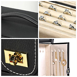 Collage de 4 photos présentant des détails de la boîte à bijoux en cuir à 5 tiroirs (détails)