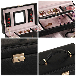Collage de 4 photos présentant des détails de la boîte à bijoux en cuir noir (extérieur et compartiments)