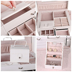 Collage de 4 photos présentant des détails de la boîte à bijoux en cuir blanc à compartiments