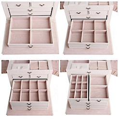 Collage de 4 photos présentant des tiroirs de la boîte à bijoux en cuir blanc à compartiments