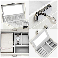 Collage de 4 photos présentant les détails de la boîte à bijoux en cuir blanc avec écrin