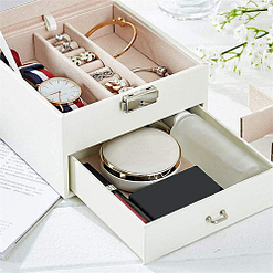 Tiroir et plateau de la boîte à bijoux en cuir blanc petit modèle