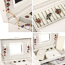 Collage de 4 photos montrant les détails de la boîte à bijoux en cuir à 4 tiroirs blanc
