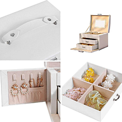 Collage de 4 photos de détails de la boîte à bijoux en cuir blanc à 2 tiroirs et portes