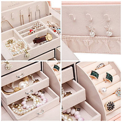 Collage de 4 photos de détails de la boîte à bijoux en cuir blanc 3 tiroirs et porte-bagues