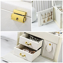 3 photos de détails de la boîte à bijoux en cuir blanc '2 tiroirs et porte-bagues'
