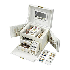 Boîte à bijoux en cuir blanc '2 tiroirs et porte-bagues' (présentée ouverte, avec bijoux et plateaux déposés)
