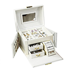 Boîte à bijoux en cuir blanc '2 tiroirs et porte-bagues' (présentée ouverte)