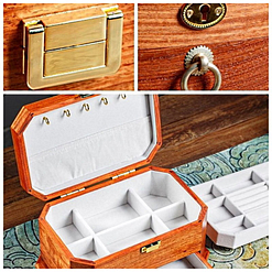 Collage de 3 photos présentant les détails de la boîte à bijoux en bois 'émeraude' avec compartiments