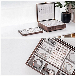Collage de 2 photos de détails de la boîte à bijoux en bois de noyer (compartiments)