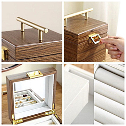 Collage de 4 photos présentant les détails de la boîte à bijoux en bois 'petit cube'