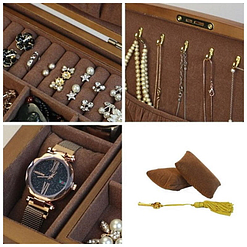 Collage de 4 photos présentant les détails de la boîte à bijoux en bois 'vintage marron'