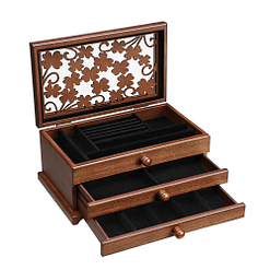 Vue de 3/4 de la boîte à bijoux en bois 2 tiroirs et fleurs (ouverte, vue sur les rangements)