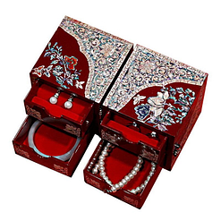 Vue de 3/4 de la boîte à bijoux originale '2 cubes rouges' (ouverte, avec tiroirs ouverts)