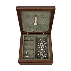 Petite boîte à bijoux en bois carrée (ouverte, vue de face)