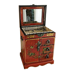 Vue de 3/4 de la boîte à bijoux originale porte et tiroirs (ouverte)