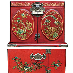 Vue de 3/4 de la boîte à bijoux originale rouge rectangulaire (dessin des panneaux)