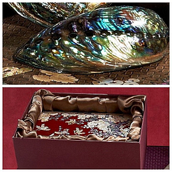 Collage de 2 photos présentant la boîte du coffret à bijoux original 'oiseaux' ainsi que la nacre d'une coquille d'ormeau
