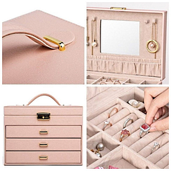 Collage de 4 photos présentant les détails de la grande boîte à bijoux en cuir rose à 3 tiroirs