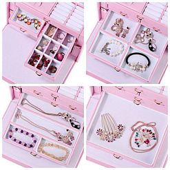 Collage de 4 photos présentant les tiroirs de la grande boîte à bijoux en cuir rose à compartiments