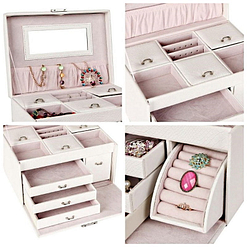 Collage de 4 photos de détails de la boîte à bijoux en cuir blanc 3 tiroirs et étui (autres rangements)