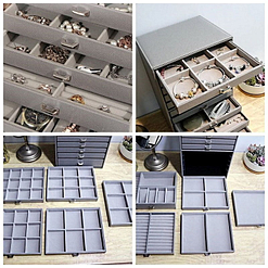 Collage de 4 photos de présentation des compartiments de la grande boîte à bijoux en cuir à 10 tiroirs gris