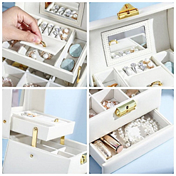 Collage de 4 photos des compartiments de la boîte à bijoux en cuir blanc de voyage