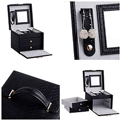 Collage de 4 photos de détails de la boîte à bijoux en cuir à double tiroirs