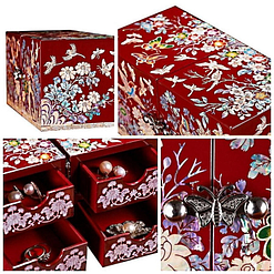 Collage de 4 photos présentant les détails de la boîte à bijoux originale rouge papillons et mésanges (couvercle, fermoir...)