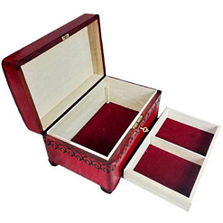Vue de 3/4 de la boîte à bijoux originale rouge rosace (ouverte, plateau déposé)